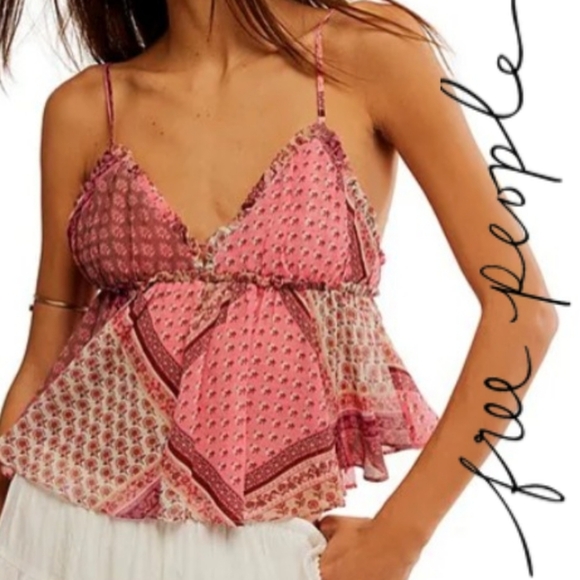 FP Alix Patchwork Print V-Neck Sleeveless Peplum Tank Top- CONFETTI COMBO - Picture 1 of 4